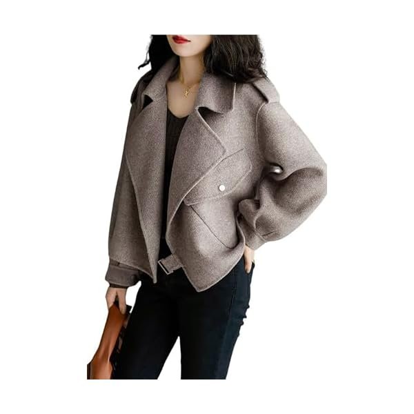 Women Cropped Wool Coats Notched Lapel Pea Coat Open Front Trench Overcoat Jackets with Pockets
