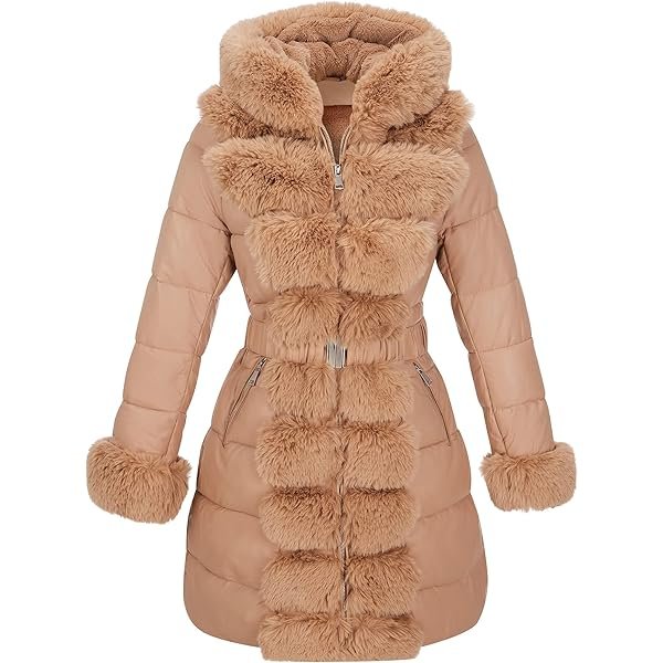Puffer Jacket Women Winter Fur Lined Coat with Long Fur Collar Hooded, Warm Leather Bubble Overcoat Cold-resistant