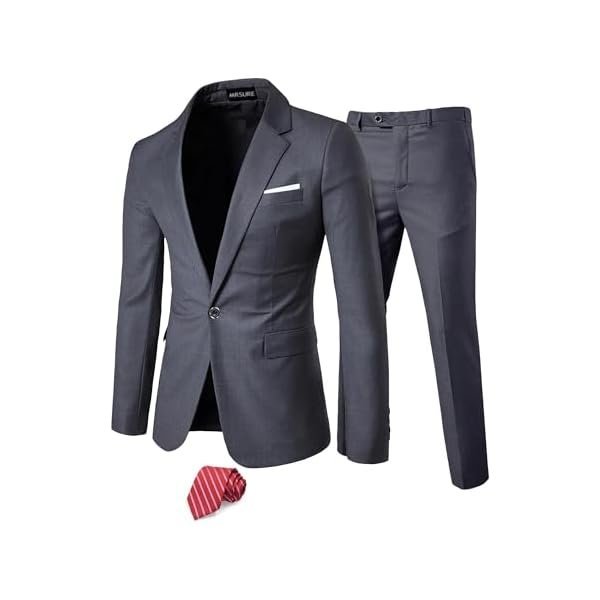 Men's 2 Piece Slim Fit Suit with Stretch Fabric, One Button Solid Jacket Pants & Tie Set