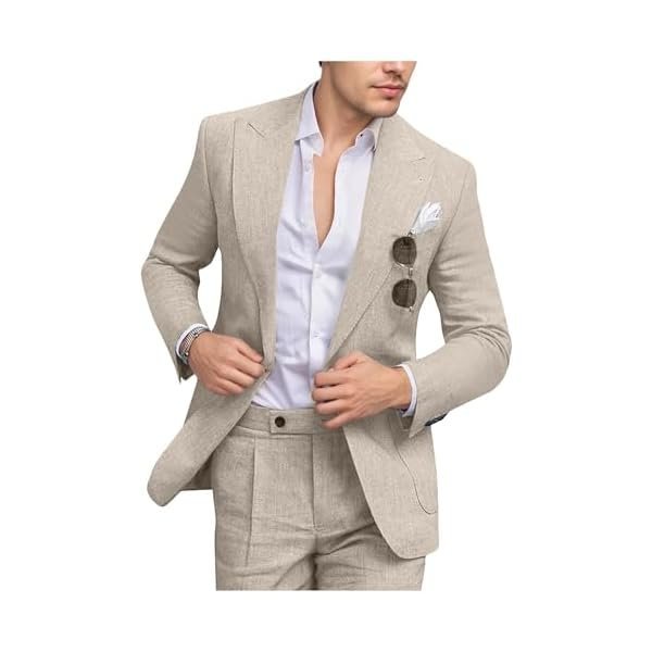 Men's Linen Suit Slim Fit 2 Piece Summer Beach Wedding Suits Peak Lapel Casual Blazer Pants Set for Prom Tuxedo
